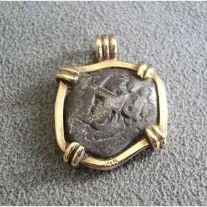 Antique ANCIENT Shipwreck COIN in Custom 14K Yellow GOLD BEZEL with Bail 1 1/8"